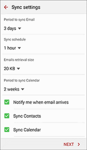 screenshot of email sync settings